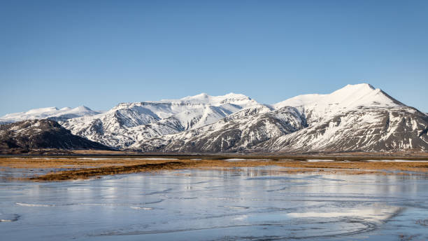 Iceland in Winter Frozen Coastal Gravel Field Plain Mountain Panorama