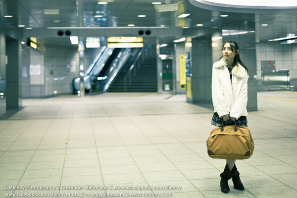 Lonely Waiting Woman Subway Station, Tokyo, Japan